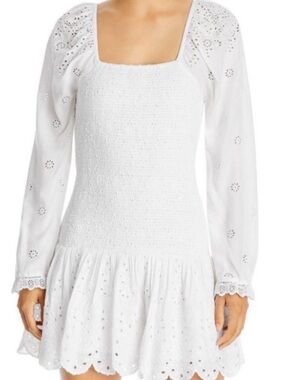 LoveShackFancy White Eyelet Smocked Long Sleeve Mini Dress
